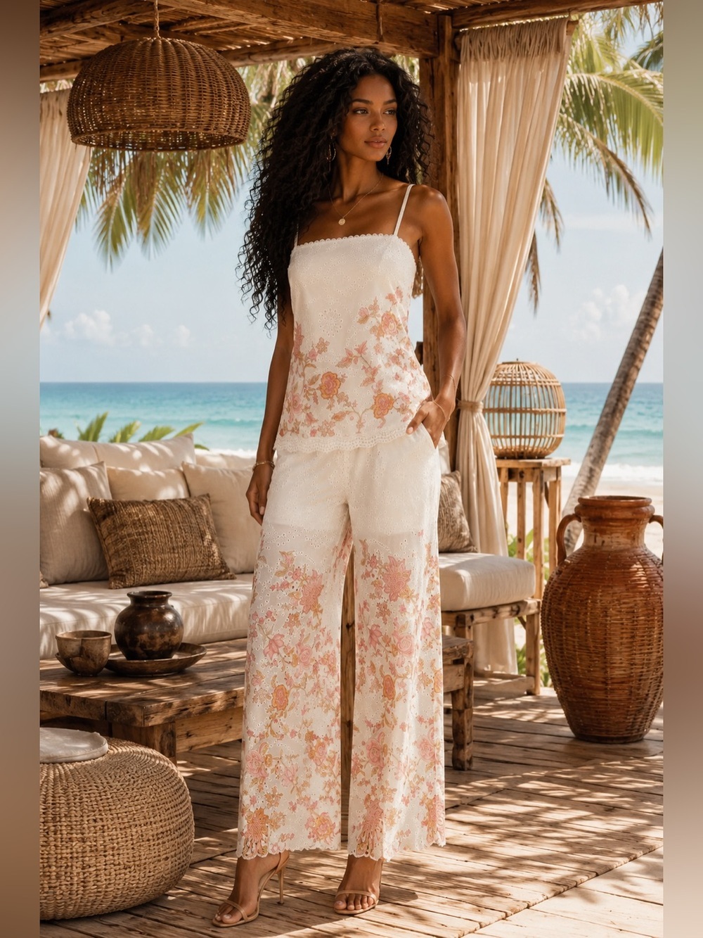Women’s Cream Floral Wide-Leg Pant Set
